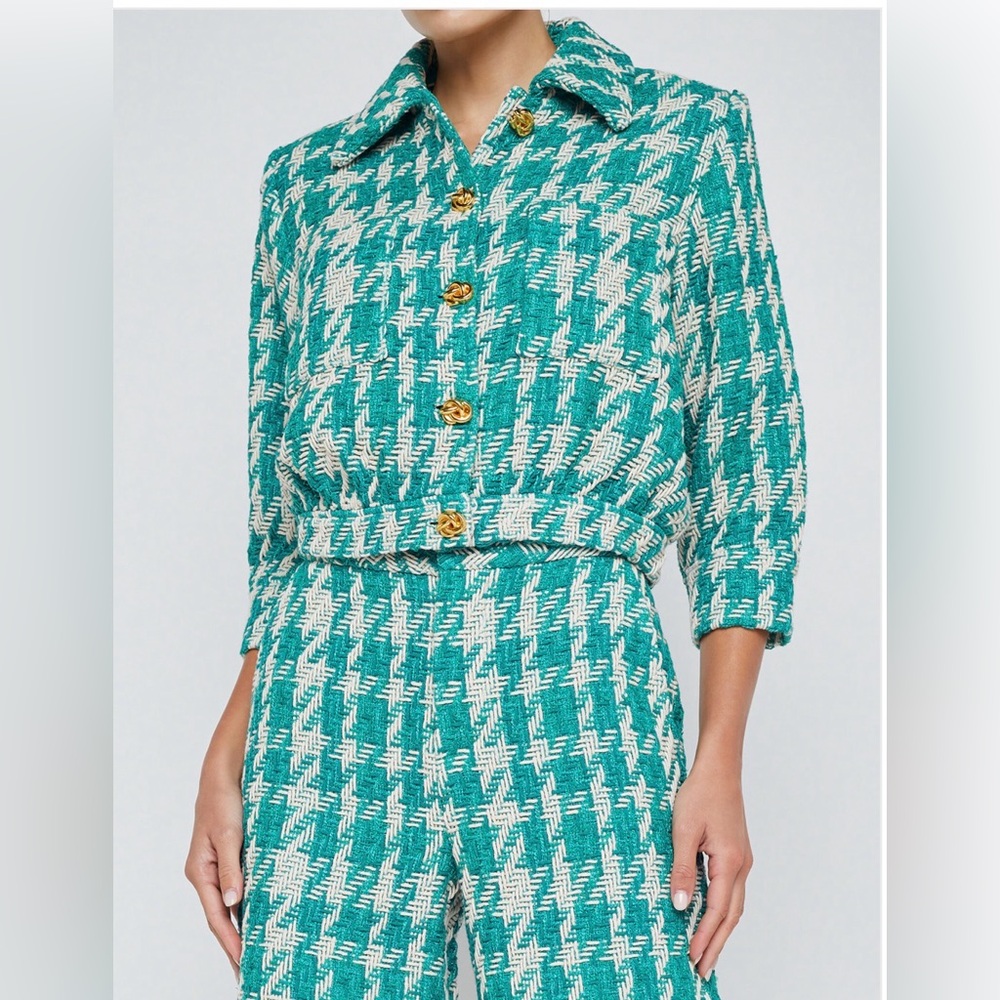 L'AGENCE Teal and White Houndstooth Crop 3/4 Slv Jacket S-4 NWT